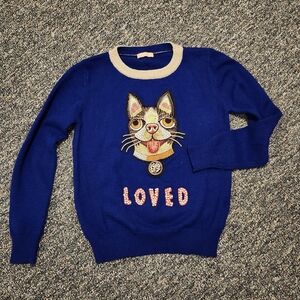 Hush By Rosana Blue Crewneck Sweater With Cat Design Loved Pearl Detail Size S/M